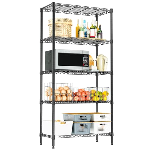 1250 LBS Storage Shelving Unit, Black Wire Rack Shelf for Garage & Kitchen | 5 Tier Metal Shelving Storage Rack, 13.7" D x 23.6" W x 63" H Adjustable Shelving Unit for Pantry, Laundry, Home Organization - color: Black, size: 5-tier 15.7" D x 33.5" W x 68.