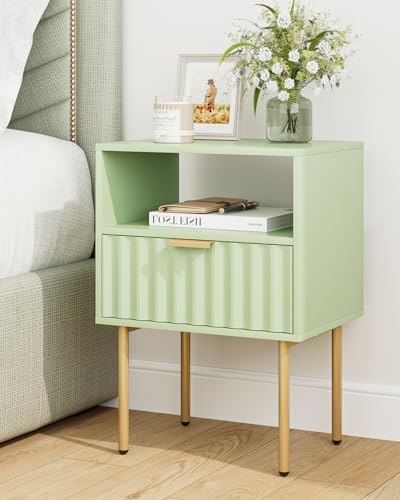 Night Stand,Modern Bedside Table with Drawer and Shelf,Green Night Stand with Gold Frame,Small Side Table for Bedroom,Living Room - color: Green