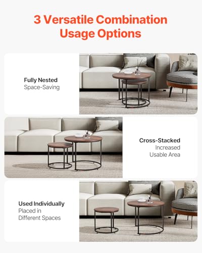 VEVOR Nesting Tables, Coffee Table Set of 2, 23.6 inch Round Coffee Table, Small Coffee Tables Night Stand with Metal Frame, for Living Room, Bedroom, Office (Brown & Black) - color: Brown