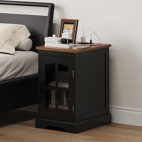ChooChoo Farmhouse End Table Set of 2 with Charging Station, Nightstand with Adjustable Shelf and Glass Door, Black Side Table for Living Room, Bedroom - color: Black