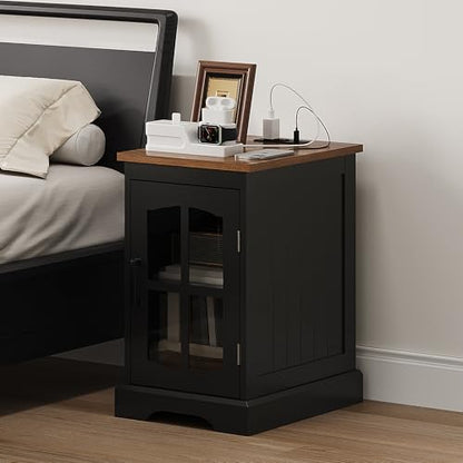ChooChoo Farmhouse End Table Set of 2 with Charging Station, Nightstand with Adjustable Shelf and Glass Door, Black Side Table for Living Room, Bedroom - color: Black