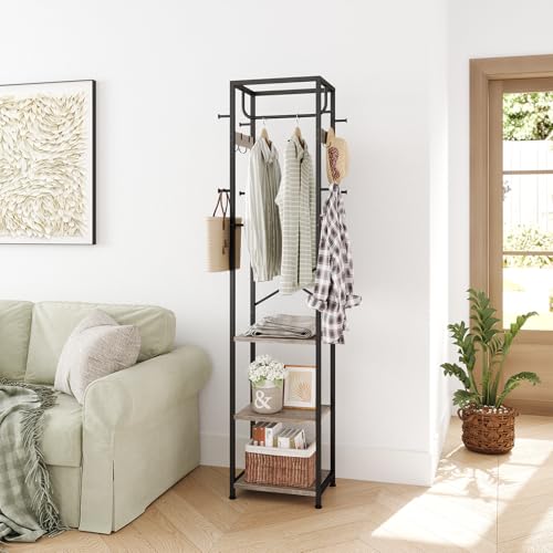 ELYKEN Coat Rack Freestanding, Hall Tree with 3 Storage Shelves and 12 Hooks, Industrial Clothes Rack Stand Organizer for Bedroom, Hallway, Entryway, Office, Living Room, Greige - color: Greige