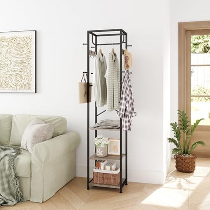ELYKEN Coat Rack Freestanding, Hall Tree with 3 Storage Shelves and 12 Hooks, Industrial Clothes Rack Stand Organizer for Bedroom, Hallway, Entryway, Office, Living Room, Greige - color: Greige