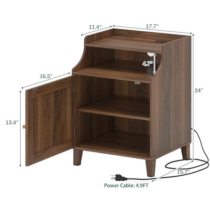 Night Stand Farmhouse Nightstand with Charging Station Bedside Table with Rattan Door&Adjustable Shelf, Wood Couch Side Table End Table for Bedroom, Walnut, 1 Pack - color: Walnut