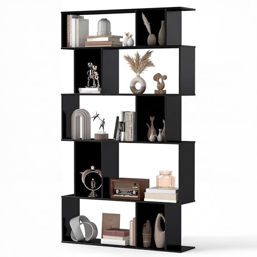 GOFLAME 5-Tier Geometric Bookshelf, 62” Tall Bookcase with 10 Open Back & Closed Back Cubes, Modern Display Book Shelf, S-Shaped Storage Organizer for Living Room, Home Office (1,Black) - color: Black