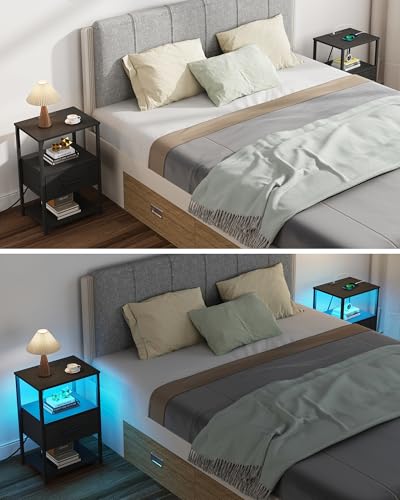TUTOTAK LED Nightstand Set of 2, Night Stand with Charging Station, End Table, Bedside Table with Fabric Drawer, Side Table for Livingroom and Bedroom, Black TB01BK0692L - color: Black, style: Plug&LED
