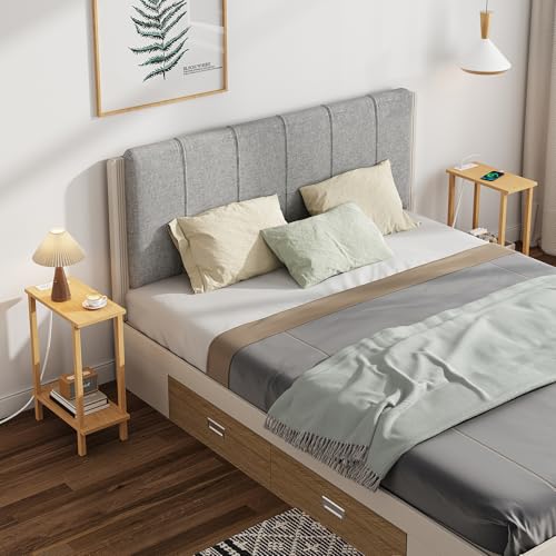 TUTOTAK Small End Table with Charging Station, Narrow Side Table with USB Ports and Outlets, Skinny Sofa Table, Slim Nightstand, Living Room, Bed Room, Natural TB01BN060 - color: Natural, size: 2-tier