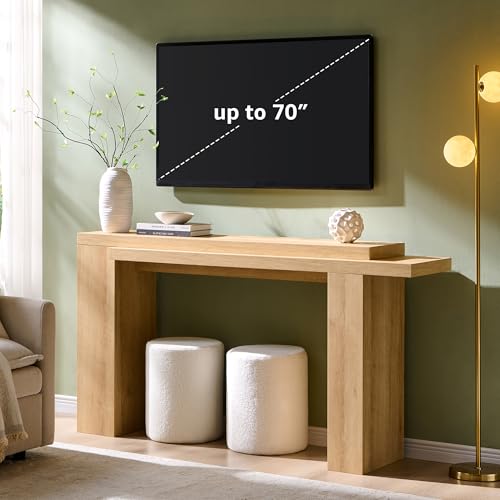 OKD 63" Modern Geometric Console Table with Layered Top, Natural Oak | Extended Layered Top, Sturdy Support Legs, Entryway, Hallway, Foyer, Living room, Behind Sofa - color: Natural Oak