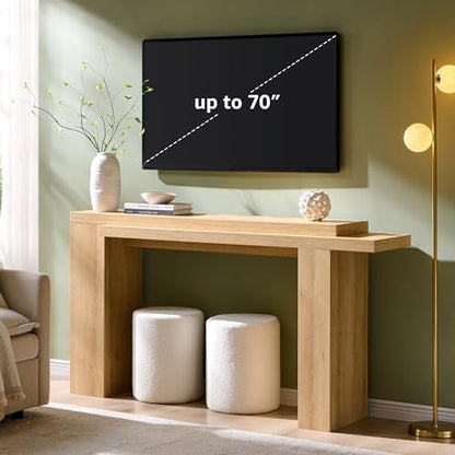 OKD 63" Modern Geometric Console Table with Layered Top, Natural Oak | Extended Layered Top, Sturdy Support Legs, Entryway, Hallway, Foyer, Living room, Behind Sofa - color: Natural Oak