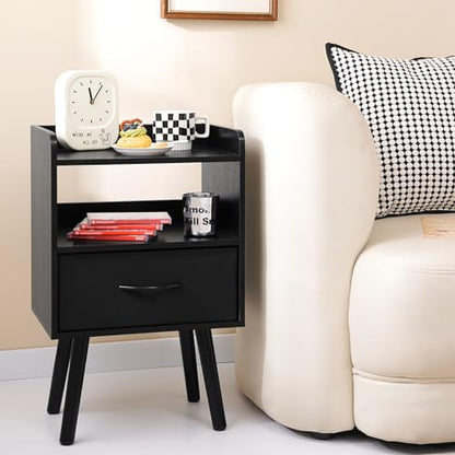 Yoobure Night Stand with Fabric Drawer, Modern Nightstand, Bedside Tables, Mid Century Nightstands with Open Storage Shelf, Wood Bedside Table, Small Night Stands for Bedrooms, 2-Tier Night Table - color: Black
