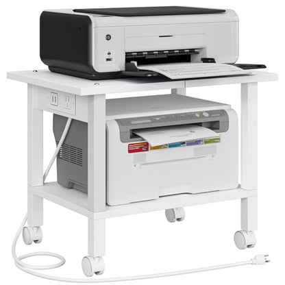 TUTOTAK Printer Stand, 2 Tier Rolling Printer Cart with Charging Station | Small Under Desk Printer Table with Wheels for Small Space, Office, Home, White PS01BW001P - color: White, size: 2 tier(18.9 x 11.8 x 15.4inchs)