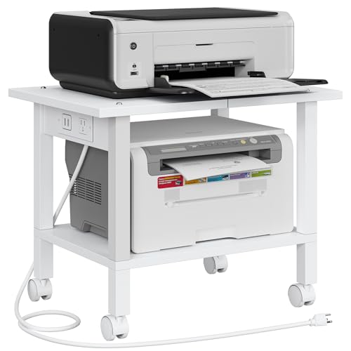 TUTOTAK Printer Stand, 2 Tier Rolling Printer Cart with Charging Station | Small Under Desk Printer Table with Wheels for Small Space, Office, Home, White PS01BW001P - color: White, size: 2 tier(18.9 x 11.8 x 15.4inchs)