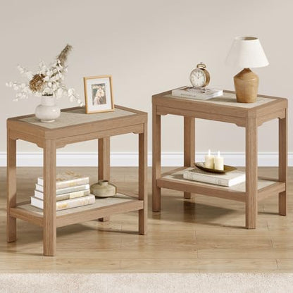 Eclatara Rattan Night Stand Set of 2 - Farmhouse 2 Tier End Table for Bedroomoom - Accent Side Table wtih Open Storage Shelves for Small Space Narrow Coffee Table Bamboo, Natural Oak - color: Natural Oak, Geometric Edges