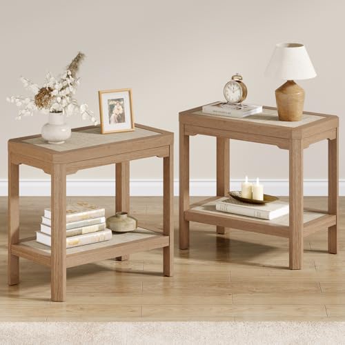 Eclatara Rattan Night Stand Set of 2 - Farmhouse 2 Tier End Table for Bedroomoom - Accent Side Table wtih Open Storage Shelves for Small Space Narrow Coffee Table Bamboo, Natural Oak - color: Natural Oak, Geometric Edges