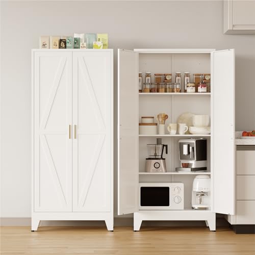 COFaR Metal Pantry Cabinet with Doors, Farmhouse 61'' Tall Storage Cabinet with 3 Adjustable Shelves, Kitchen Pantry Cabinet for Dinning Room, Laundry, Bathroom, Garage, White 4-Tier - color: White, size: 61 Tall 2 Doors-Farmhouse
