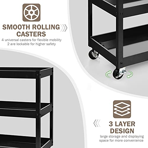 3 Tier Rolling Cart, Utility Cart on Wheels with 330lbs Load Capacity & Ergonomic Handle, Tool Cart Organizer Service Carts for Garage, Office, Library, Workshop (Black) - size: 2.5" Wheels