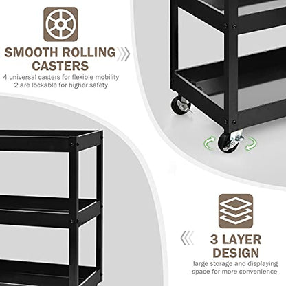 3 Tier Rolling Cart, Utility Cart on Wheels with 330lbs Load Capacity & Ergonomic Handle, Tool Cart Organizer Service Carts for Garage, Office, Library, Workshop (Black) - size: 2.5" Wheels
