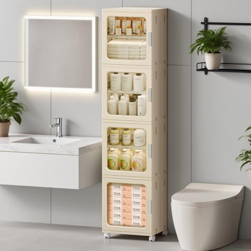 4-Tier Tall Narrow Bathroom Storage Cabinet for Small Space,Beige | Quick Assembly,Foldable,Plastic Organizers,Magnetic Doors,Adjustable Shelves,Slim Storage Cabinet,Wheels - color: Beige, size: 11.42"D x 14.57"W x 65.35"H