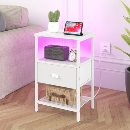 sthmec Nightstands Set of 2, LED Night Stands with Charging Station and Fabric Drawer, Bedside Tables with Drawers, 2- Tier LED Side Table End Table Charging Station Bedroom, White - color: White, style: Power & LED