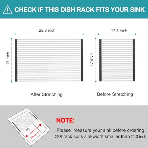 BBXTYLY Extra Large Expandable Roll Up Dish Drying Rack,Over The Sink Drying Rack Sink Cover Kitchen Sink Accessories Kitchen Rolling up Stainless Steel Drainer, Foldable,Rollable（Black，22.8''-17.3''） - color: Black, style: 22 tubes,expandable