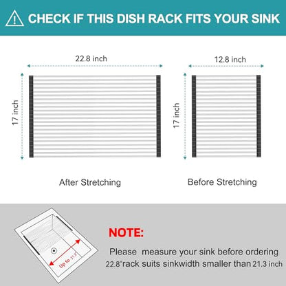 BBXTYLY Extra Large Expandable Roll Up Dish Drying Rack,Over The Sink Drying Rack Sink Cover Kitchen Sink Accessories Kitchen Rolling up Stainless Steel Drainer, Foldable,Rollable（Black，22.8''-17.3''） - color: Black, style: 22 tubes,expandable