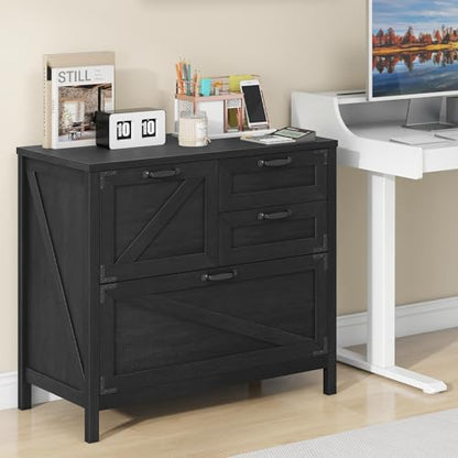Halitaa Lateral File Cabinet with 4 Drawers, Farmhouse File Cabinet for Letter/Legal/A4 Size Hanging Files, Large Wood File Storage Cabinets Printer Stand for Home Office Cabinets, Black
