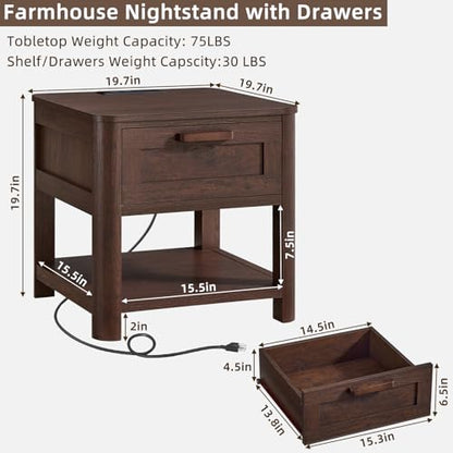 Joaxswe Farmhouse Side Table Set of 2 Living Room, Small Night Stand with 1 Drawers & Open Shelving & 4 Thickened Table Legs, Walnut - color: Walnut, size: Set of 2