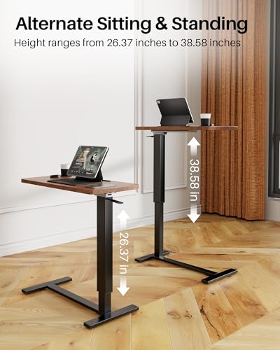 Foldable Overbed Table with Wheels, Pneumatic Adjustable Desk | 31.5 X 17.7 In Desktop with Cup Holders and Tablet Slot, Hidden Casters, 88 Lbs Capacity, Installs on Either Side of Bed - color: Brown