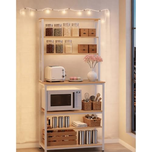 39.4 inches Bakers Rack with Storage, Small Coffee Bar Cart 6 Tiers, Microwave Stand Station with 6 Hooks, Adjustable Shelf, Freestanding Kitchen Appliance Organizer, Golden Oak