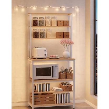39.4 inches Bakers Rack with Storage, Small Coffee Bar Cart 6 Tiers, Microwave Stand Station with 6 Hooks, Adjustable Shelf, Freestanding Kitchen Appliance Organizer, Golden Oak
