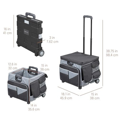 Folding Mobile Utility Cart, Canvas Organizer Bag, Black/Grey | Durable plastic, 30 compartments, adjustable handle, 40 lb capacity, collapses to 3" thick, rolling wheels for easy transport - color: Black/Grey