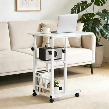 Adjustable C Table,Over Bed Table with Wheels,Rolling Side Table, Over Bed Table with Wheels, Bedside Table, for Sofa Side Small Space, Stable Multi Storage Desk (White) - color: White