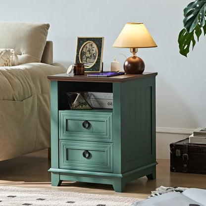 Joaxswe 18" Farmhouse Night Stand with Charging Station, 2 Drawers Bedside End Table, Green Wooden Nightstand, Bed Side Table Cabinet with Open Shelf for Bedroom Living Room Office - color: Green Set 1, size: 2 Drawers