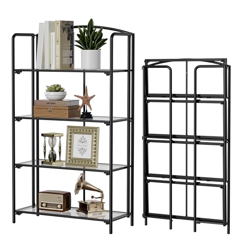 Crofy 4-Tier Wider Foldable Bookshelf, Black Frame & Transparent Shelves | No-Assembly Collapsible Portable Storage Organizer; Sturdy Transparent Shelves; Ideal for Living Room & Home Office - color: Black Frame & Transparent Shelf, size: 4 Tier Wider