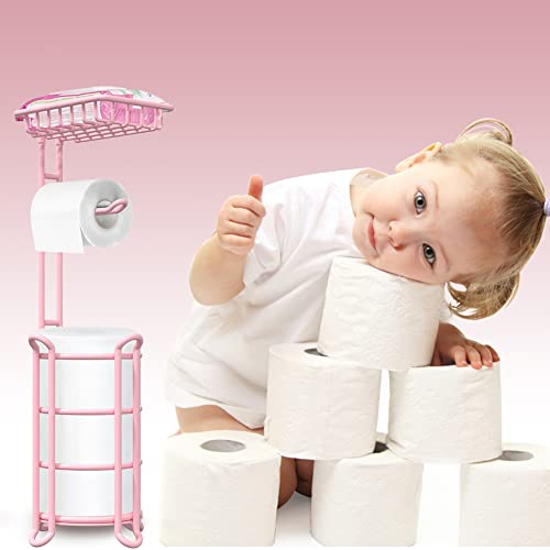 Pink Toilet Paper Holder Stand Tissue Holder for Bathroom Floor Standing Toilet Roll Dispenser Storage 4 Reserve Mega Rolls, Phone, Wipes - color: D-pink