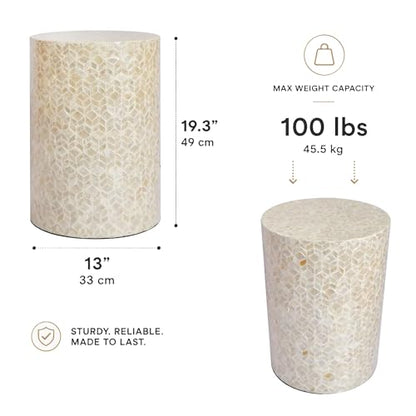 PEMAR Capiz Shell Cylinder Drum End Table Nacre Side Table Stool Round Drum Accent Coffee Bedside Nightstand and Vanity Stool, 13" Diameter x 19.3" High, White Cream - color: White Cream