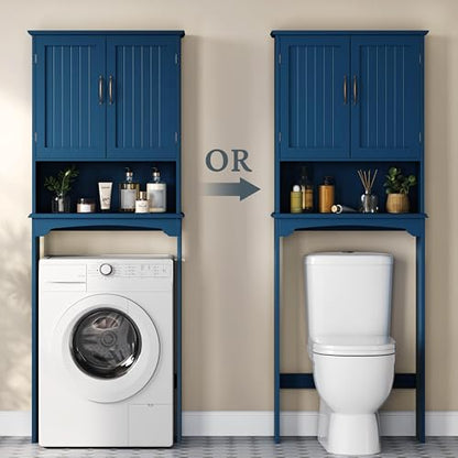 Yaheetech Over The Toilet Storage with 2 Doors & Adjustable Shelf, Free Standing Toilet Rack Wooden Space-Saving Collect Cabinet, Bathroom Furniture, L24.5xW9xH66 in, Navy Blue - color: Navy Blue