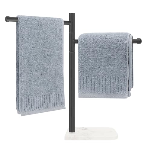 Standing Hand Towel Holder, Hand Towel Stand with Marble Base, 304 Stainless Steel Towel Rack with 2 Swivel Arm, Countertop Stand Towel Ring Towel Bar for Bathroom (Matte Black) - color: Matte Black