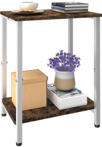 2 Tier Side Table, Heavy Duty End Table with Shelves, Narrow Nightstand Table for Small Spaces, Record Player Table for Bedroom, Living Room, Sofa Couch - Rustic Brown & White - color: White, size: 2-Tier
