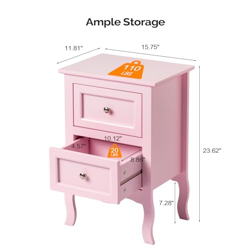 Bonnlo Nightstand with 2 Drawers, Night Stands for Bedrooms, Small Bed Side Table/White Night Stand with Drawers for Small Spaces, College Dorm, Kids’ Room, Living Room, French, 16W x 12D x 24H, Pink - color: Pink