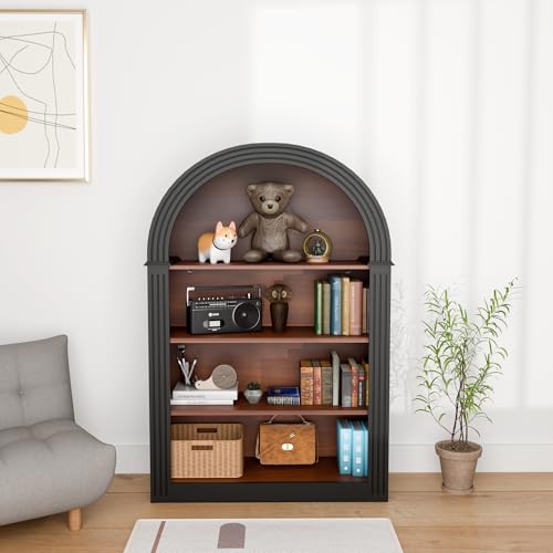 KEIKI Small Arched Bookcase, Modern 4-Tier Wood Bookshelf, Low Floor Standing Display Shelf for Books and Decor, Black - color: Black