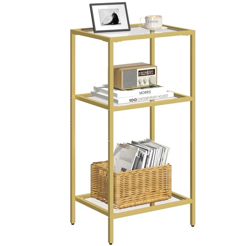 Gold Side Table with Tempered Glass,End Table with Storage Shelve | 3-Tier Small Gold Nightstand, Tall Table Stand for Home Decor, Living Room, Bedroom, Office, Gold - size: 1 Pack