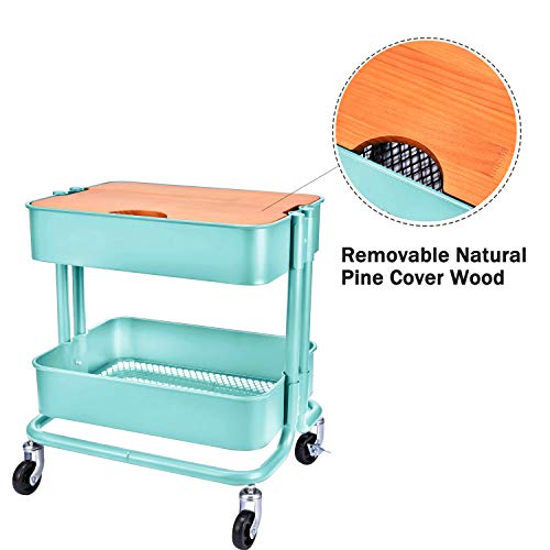 Melody House 2-Tier Metal Utility Rolling Cart, Storage Side End Table with Cover Board - color: A- Turquoise-1