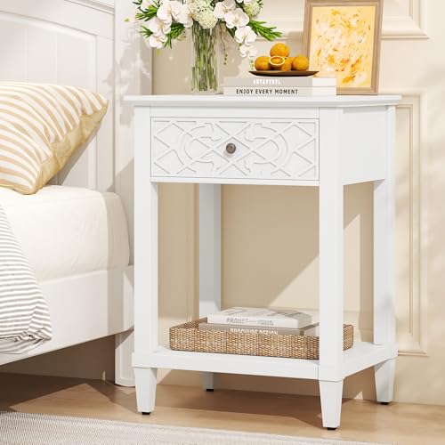 26" Night Stand with Drawers, Painted Bedside Table, Solid Wood Nightstand | Pine Leg and Solid Wood Frame Nightstand, Side Table End Table for Bedroom, Carved Pattern, Pure White - color: Pure White