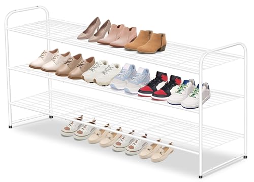 AOODA Long 3 Tier Metal Shoe Rack for Closet Wide Stackable Shoe Storage Organizer for Entryway, Bedroom, Floor, 24-Pairs Men Sneakers Boot Shelf with Wire Grid, White - color: White, size: 11.4 x 42.7 x 24.4