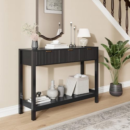 Nasonet Fluted Console Table, Wooden Sofa Table with Storage and Drawers, Farmhouse Behind Couch Table Entryway Table for Entrance, Hallway, Living Room, Black - color: Black, style: Modern
