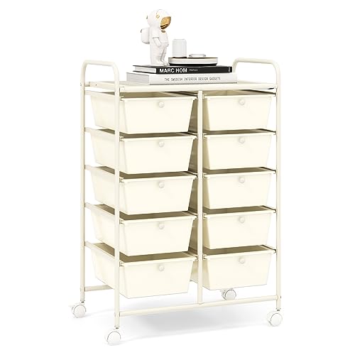 RELAX4LIFE 10 Drawer Storage Cart - Ivory Metal Frame Rolling Art Cart Organizer with Lockable Wheels, Utility Cart for Crafting Storage, Office, Home, School - color: White, style: 10 Drawers