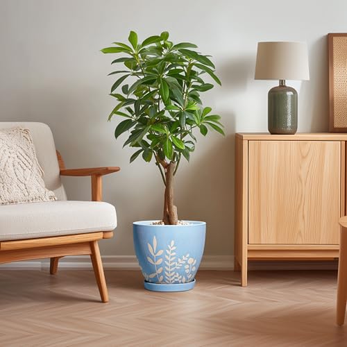 10 Inch Large Ceramic Plant Pot with Saucer - Round Planter with Drainage for Indoor Outdoor Plants, Boho Flower Pot, Home Office Room Garden Decor, Housewarming Gift, Blue - size: 10 Inch