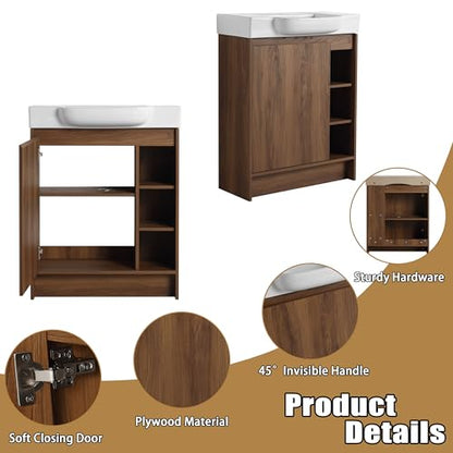 28" Freestanding Bathroom Vanity with Sink, 28 Inch Floor Stand Vanity for Small Bathrooms, Soft-Close Door Cabinet with White Ceramic Basin & Waterproof Plywood, Brown