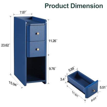 Blue Narrow Nightstand, Wooden Small 2 Drawer Nightstand, Slim Side End Table, Skinny Bedside Table, Mid Century Modern Night Stand with Drawers, for Living Room (Blue-1 pc) - color: Blue-1 Pc